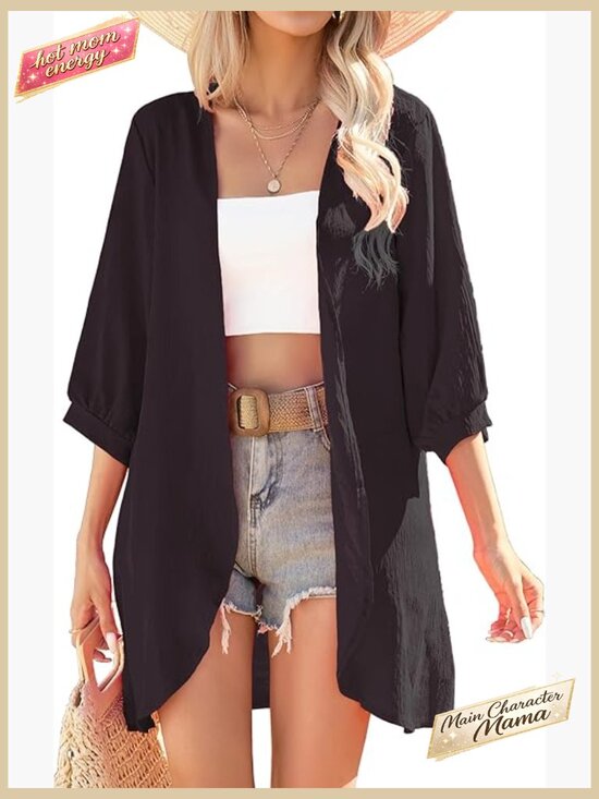 Sweaters - Lightweight Kimono Cardigan 3/4 Sleeve Summer Beach Cover Up Loose Fit